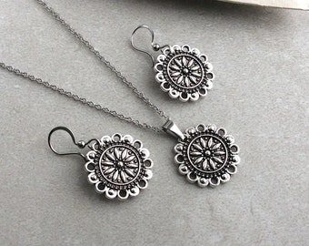 Mandala Necklace Set, Small Mandala, Flower Earrings, Antique Silver Earrings, Stainless Steel Chain, Boho Earrings, Floral, Dainty, UK