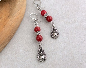 Bright Red Bead Earrings, Silver Teardrop Earrings, Vibrant, Silver Boho Earrings, Ethnic Festival, Simple Bead Drops, Antique Silver, UK