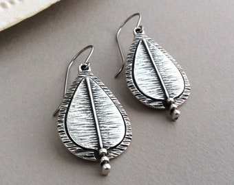 Large Teardrop Earrings, Silver Statement Earrings, Shield Earrings, Chunky Antique Silver, Boho Earrings, Patterned Silver, Drop Earrings