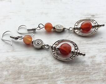 Silver Bohemian Earrings, Orange Bead Earrings, Elegant Boho Dangles, Geometric Design, Ethnic Style, Choice of Ear Wires, Ornate Bead Drops