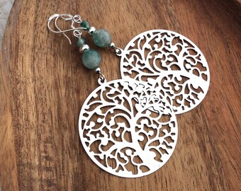 Tree of Life Earrings, Large Stainless Steel Disc Earrings, Long Drop, Lightweight, Light, Big Statement Earrings, Large Boho Earrings, UK