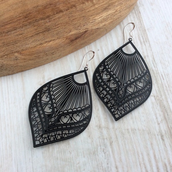 Black Filigree Teardrop Earrings, Large Lightweight Earrings, Big Drop, Jet Black, Sterling Silver, Light, Ornate, Elegant, Gothic, UK