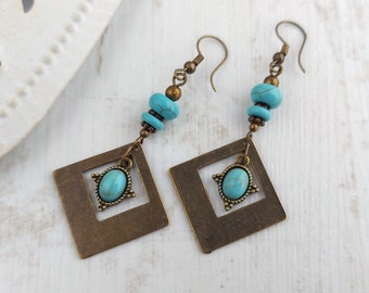 Bronze Boho Earrings, Turquoise Bead Earrings, Bohemia, Geometric, Tribal Style, Unique Ethnic Design, Long Drop, Rustic Jewellery, Festival