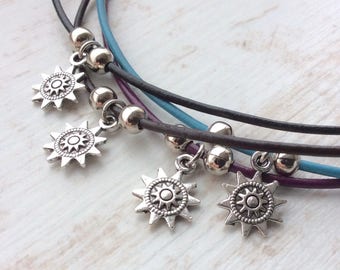 Sun Charm Choker. Leather Choker. Leather Cord. Cute Necklace. Layering. Hippie. Black Cord. Sun. Flower. Simple Necklace. Festival Necklace