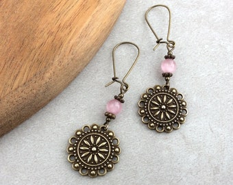 Choose your colour bead, Charm Earrings, Mandala, Bronze Kidney Wire Earrings, Latch Back, Cute Boho Earrings, Bohemian, Festival, Secure