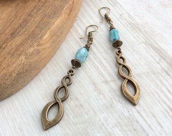 Boho Earrings, Leverback, Antique Bronze, Ethnic, Tribal, Pale Blue Dangle Earrings, Elegant, Bohemian, Long Drop, Statement Earrings, UK