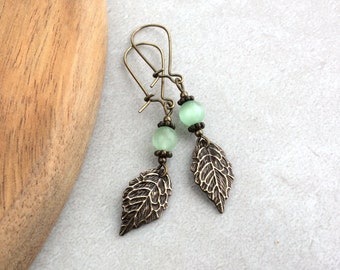 Green Leaf Earrings, Bronze Kidney Wire Earrings, Latch Back, Cute Boho Earrings, Bohemian, Festival, Secure, Nature, Cats Eye, Pink, White