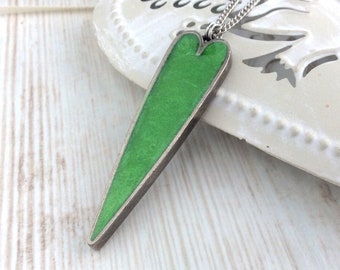 Bright Green Necklace, Lime Green Pendant, Large Heart UK, Long Thin Pendant, Pewter Necklace, Gift for Wife, Love Necklace, Antique Silver