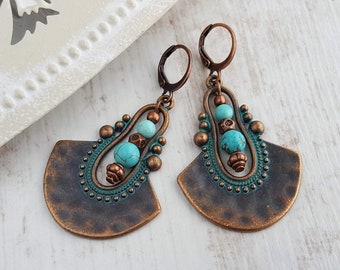 Trianglular Bohemian Earrings with Lava Bead Long Dangle Patina Copper Earrings Geometric Vintage Earrings Turquoise Boho Summer Earrings