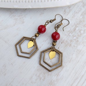 Bronze Hexagon Earrings, Bohemian Dangle Earrings, Ethnic Fashion, Red Jewellery, Long Drop, Lightweight, Brass Leaf, Tribal Style, Festival