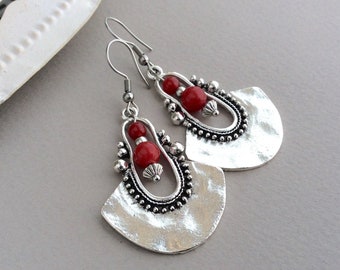 Red Drop Earrings, Boho Earrings, Long Drop, Large Earrings, Sterling Silver, Tribal Earrings, Red Bead, Ethnic Earrings, Bright Red