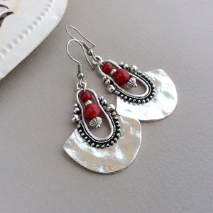 Red Drop Earrings, Boho Earrings, Long Drop, Large Earrings, Sterling Silver, Tribal Earrings, Red Bead, Ethnic Earrings, Bright Red