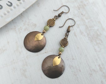 Bronze Disc Earrings, Boho Drops, Bohemian Earrings, Hammered Discs, Natural Earthy Tones, Green Bead Earrings, Mixed Metal, UK, Brass Leaf