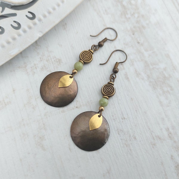 Bronze Disc Earrings, Boho Drops, Bohemian Earrings, Hammered Discs, Natural Earthy Tones, Green Bead Earrings, Mixed Metal, UK, Brass Leaf