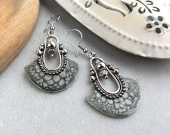 Black Bib Earrings, Grey Ethnic, Boho Earrings, Hand painted, Bohemian, Silver Tribal Earrings, Long Drop, Unique, Festival, Silver Bead