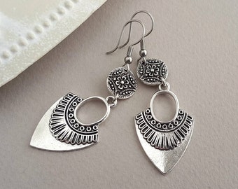 Boho Earrings, Antique Silver, Long Drop Earrings, Ethnic Shield Charm, Mandala Earrings, Bohemian, Tribal, Egyptian, Sterling Silver, UK