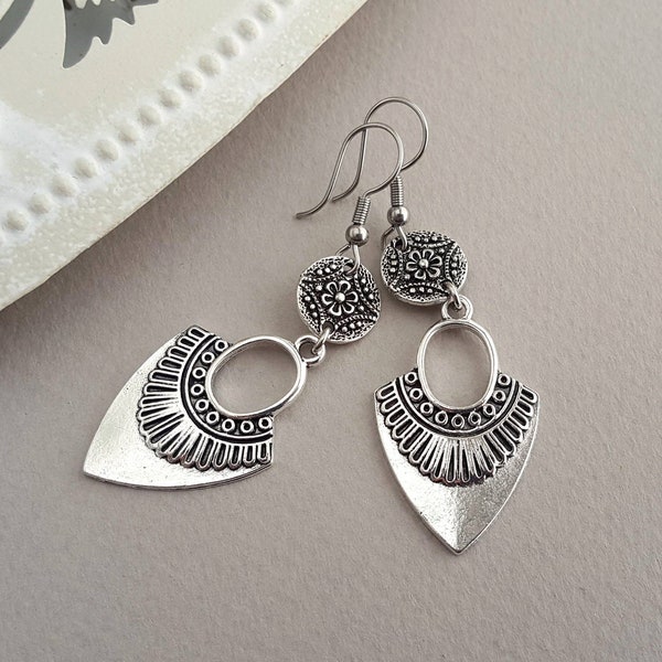 Boho Earrings, Antique Silver, Long Drop Earrings, Ethnic Shield Charm, Mandala Earrings, Bohemian, Tribal, Egyptian, Sterling Silver, UK