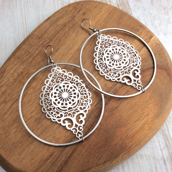 Extra Large Hoops, Filigree Hoop Earrings, Big Light Hoops, Stainless Steel Earrings, Ornate Round Earrings, Silver Statement Earrings, UK