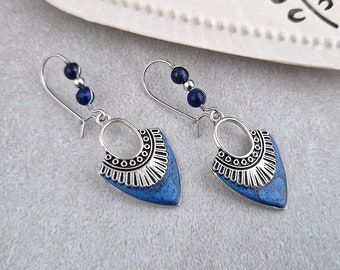 Blue Boho Earrings, Egyptian Earrings, Boho Jewellery, Green Beads, Stainless Steel Kidney Wires, Latch Back Earrings, Secure, UK Bohemian