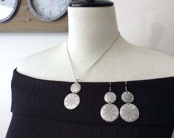 Large Silver Disc Earrings, Boho Necklace and Earrings Set, Antique Silver Round Drops, Ornate Mandala Style Earrings, Matching Set, UK