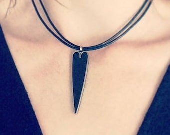 Long Pendant Necklace. Heart Pendant. Large Heart Necklace. Black Necklace. Thin Pendant. Gift for Girlfriend. Gift for Wife. Silver Heart