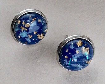 Dark Blue Studs, Stainless Steel, Deep Blue Studs, Large Studs, Fake Plugs, Goldleaf and Resin Jewellery, Resin Earrings, Chunky Studs, UK