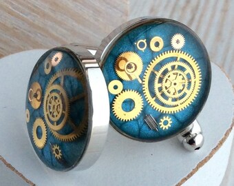 Blue Steampunk Cufflinks, Silver Plated, Chunky Cufflinks, Prom Cufflinks, Dinner Party Cufflinks, 18mm, Blue Wedding, Groom Cufflinks