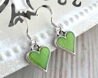 Lime Green Earrings, Bright Green Earrings, Gift for Girlfriend, Delicate Earrings, Small Drop Earrings, Silver Heart Earrings, Cute Drop