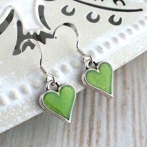 Lime Green Earrings, Bright Green Earrings, Gift for Girlfriend, Delicate Earrings, Small Drop Earrings, Silver Heart Earrings, Cute Drop