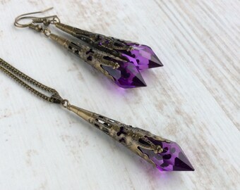 Purple Art Deco Set. Art Deco Earrings. Art Deco Set. Dark Purple Earrings. Elegant Victorian Earrings. Bronze Filigree. Necklace Earrings