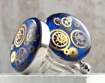 Bright Blue Cufflinks, MADE TO ORDER, Chunky Cufflinks, Steampunk Cufflinks, Blue Wedding, Nautical Cufflinks, Time Traveller, Dieselpunk