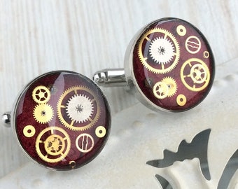 Red Wedding Cufflinks, Steampunk, Chunky Cufflinks, Valentines Gift for Men, Dinner Party Cufflinks, Ball Cufflinks, 18mm