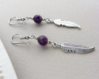 Amethyst Feather Earrings,, Native American, Silver Feather Earrings, Boho Earrings, Purple, Red, Blue, Festival, Wing, Angel, UK, Single