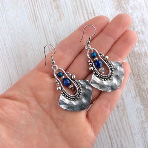 Tribal Earrings, Silver Drop Earrings, Dark Blue Bead Earrings, Ethnic Earrings, Boho Earrings UK, Long Drop, Large Earring, Sterling Silver immagine 8