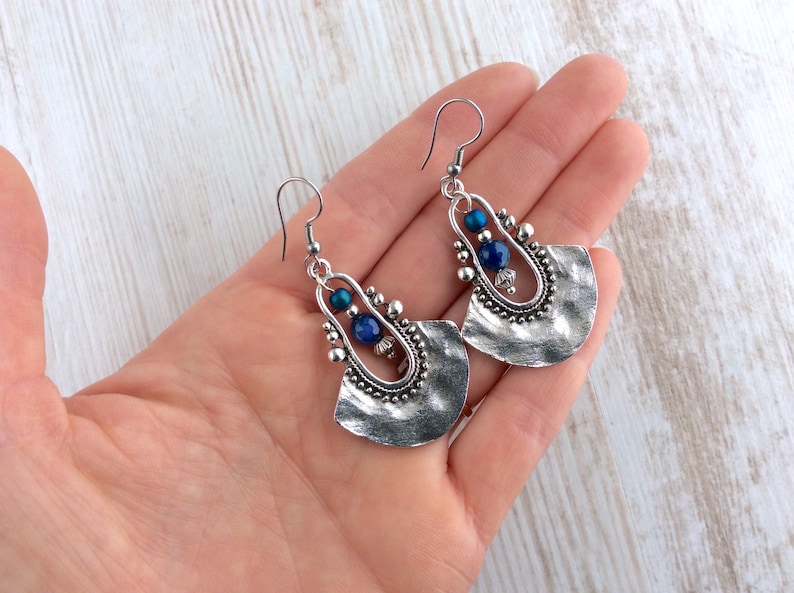 Tribal Earrings, Silver Drop Earrings, Dark Blue Bead Earrings, Ethnic Earrings, Boho Earrings UK, Long Drop, Large Earring, Sterling Silver image 8