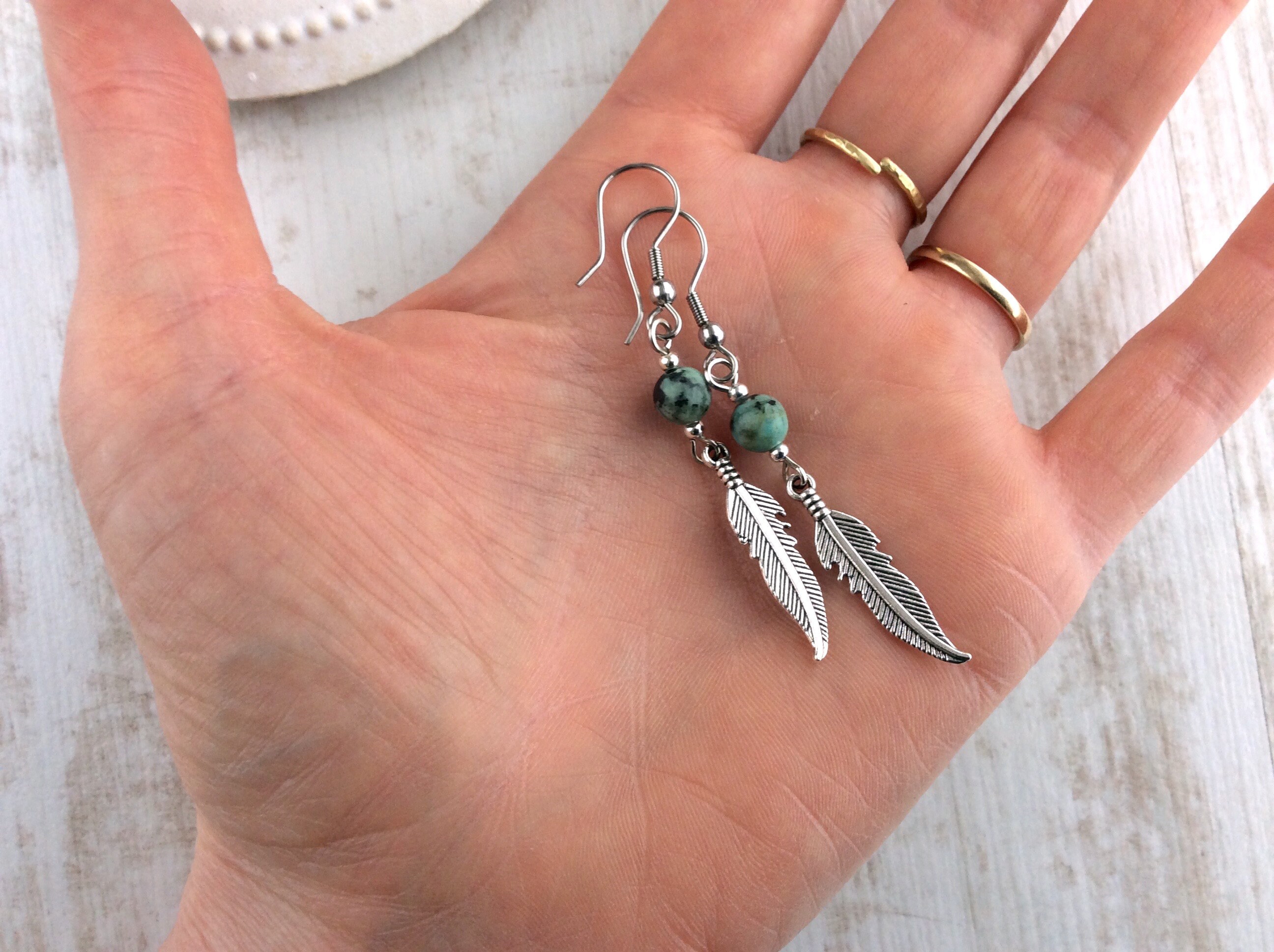 Boucles D'oreilles Plumes émail Turquoise Style Amérindien - Longueur 55mm, Sans Nickel