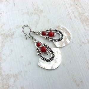 Red Drop Earrings, Boho Earrings, Long Drop, Large Earrings, Sterling Silver, Tribal Earrings, Red Bead, Ethnic Earrings, Bright Red image 2