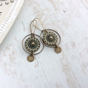 Bronze Boho Earrings, Circle Earrings, Kidney Wires, Vintage Drop Earrings, Bohemian Disc Earrings, Festival, Ethnic Jewellery, Hoops, UK image 3