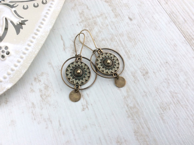 Bronze Boho Earrings, Circle Earrings, Kidney Wires, Vintage Drop Earrings, Bohemian Disc Earrings, Festival, Ethnic Jewellery, Hoops, UK image 3