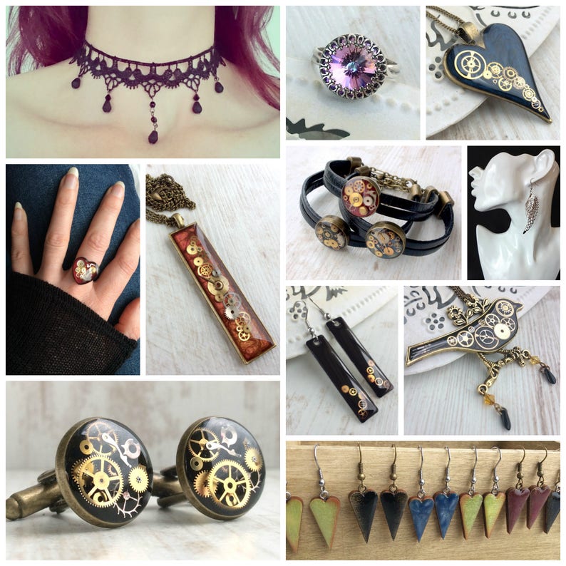 May include: A collection of handmade jewelry featuring various designs. Includes a purple lace choker, a ring with a large purple stone, a heart-shaped pendant with gears, a ring with a floral design, bracelets, earrings, and cufflinks with gear details.