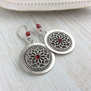 Silver Mandala Charm Earrings, Red Bead, Latch Back, Kidney Wires, Flower, Bright Red, Bohemian, Boho, Wire Wrapped, UK, Secure, Unique image 3