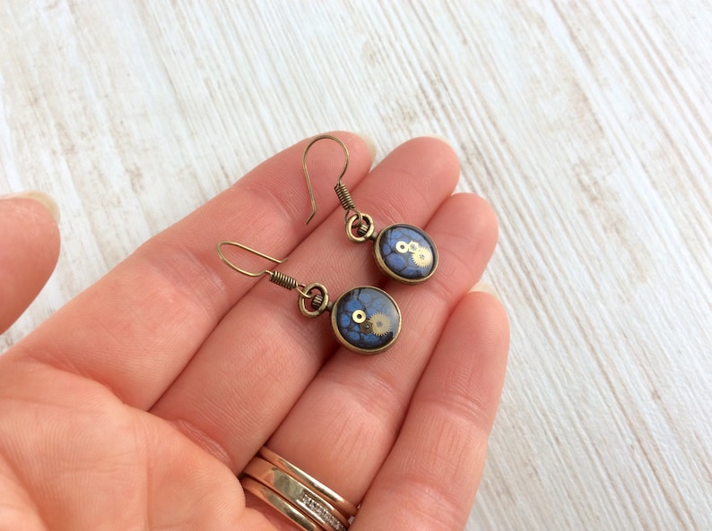 Small Blue Earrings, Blue Drop, Blue Earrings, Pocket Watch Earrings, Cute Earrings, Small Steampunk Earrings, Bronze, Unusual Earrings Bild 3