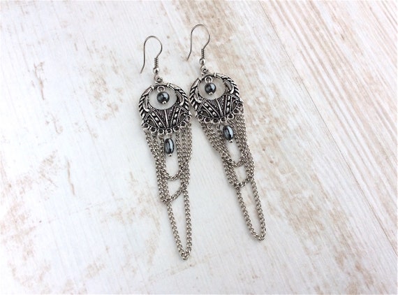 Chandelier Earrings, Dreamcatcher Earrings, Chain Earrings, Hematite Earrings, Light Earrings, Long Earrings, Rock Chic, Gothic, Boho, Gypsy
