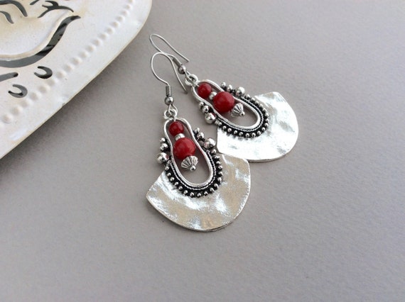 Red Drop Earrings, Boho Earrings, Long Drop, Large Earrings, Sterling Silver, Tribal Earrings, Red Bead, Ethnic Earrings, Bright Red
