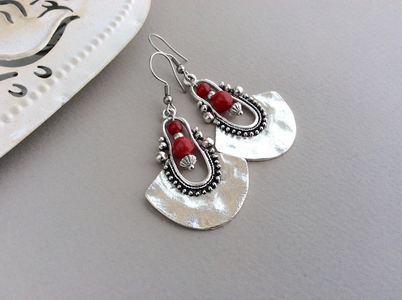 Red Drop Earrings, Boho Earrings, Long Drop, Large Earrings, Sterling Silver, Tribal Earrings, Red Bead, Ethnic Earrings, Bright Red image 1