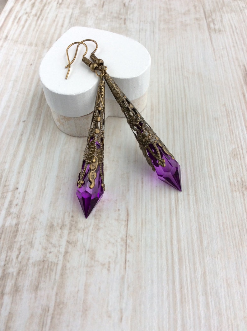 Purple Dangle Earrings, Renaissance Earrings, Downton Abbey Jewellery, Elegant Victorian Jewellery, Art Deco Earrings, Filigree Earrings image 1