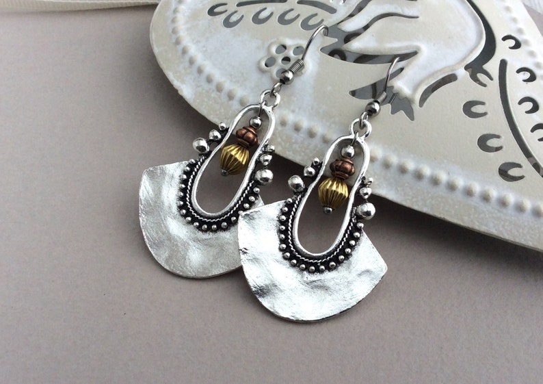 Ethnic Earrings, Mixed Metal Earrings, Silver Bib Earrings, Brass, Copper, Sterling Silver, Tribal, Summer, Bohemian Style, Boho Earrings UK image 5