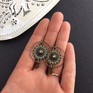 Bronze Boho Earrings, Circle Earrings, Kidney Wires, Vintage Drop Earrings, Bohemian Disc Earrings, Festival, Ethnic Jewellery, Hoops, UK image 4