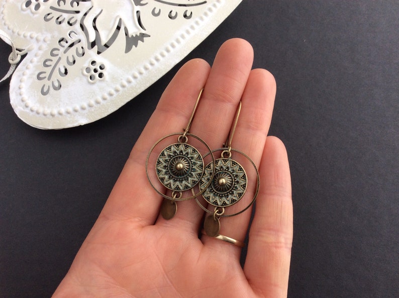 Bronze Boho Earrings, Circle Earrings, Kidney Wires, Vintage Drop Earrings, Bohemian Disc Earrings, Festival, Ethnic Jewellery, Hoops, UK image 4