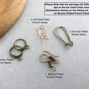 May include: An assortment of earring findings, including bronze-plated lever backs, French hooks, and kidney wires. The image also shows 4.14K gold-filled French hooks. Text on the image states that earring length will vary.